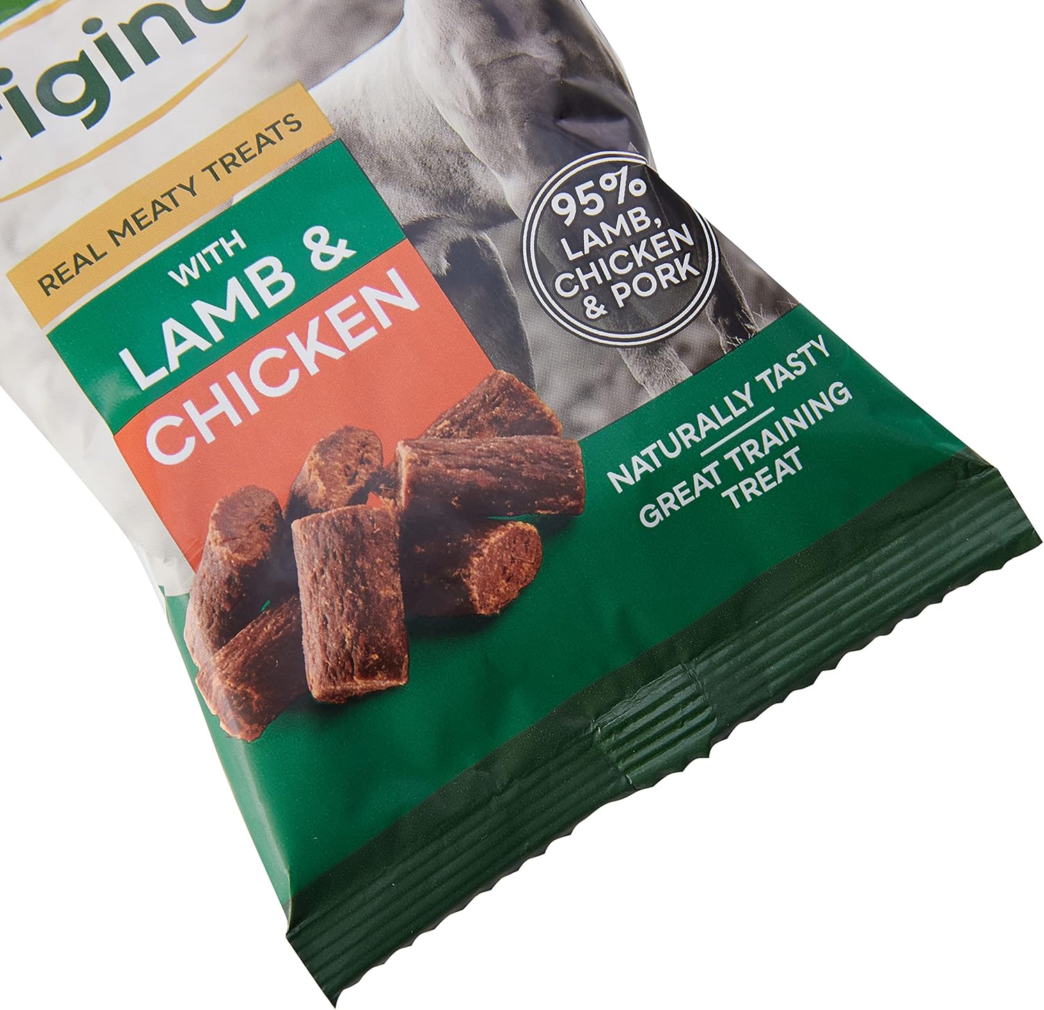 Dog treat package with lamb and chicken flavor on a white background