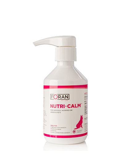 A bottle of Foran Nutri-Calm nutraceutical supplement for dogs and cats, in a 250ml packaging with a white and pink label.