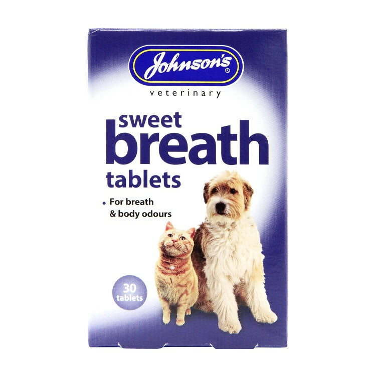 Box of Johnson's Veterinary Sweet Breath Tablets for pets on a white background