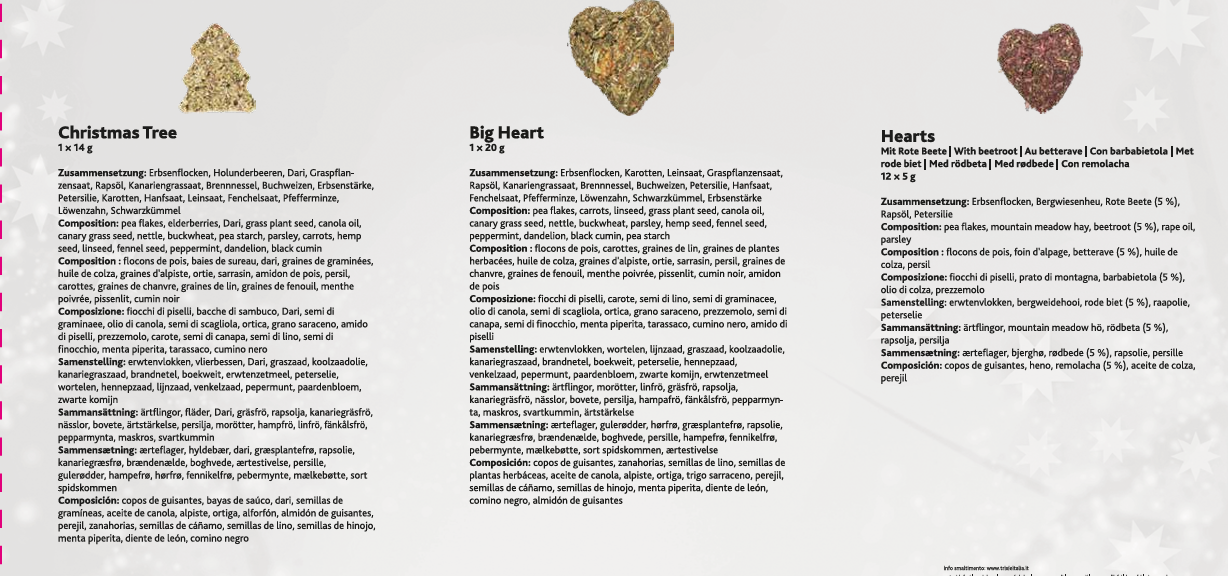 Product packaging with Christmas tree, Big Heart, and Heart-shaped items on a white background.