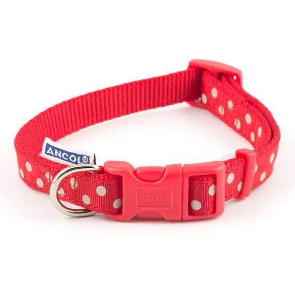 Ancol | Dog Collar | Reflective Adjustable Nylon - Polka Dot Red