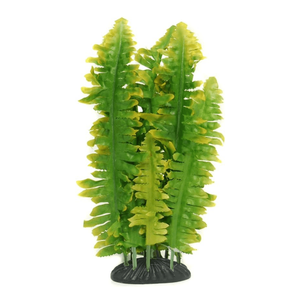 Artificial green aquatic fern plant with yellow-tinted leaves on a black plastic base, isolated on a white background.