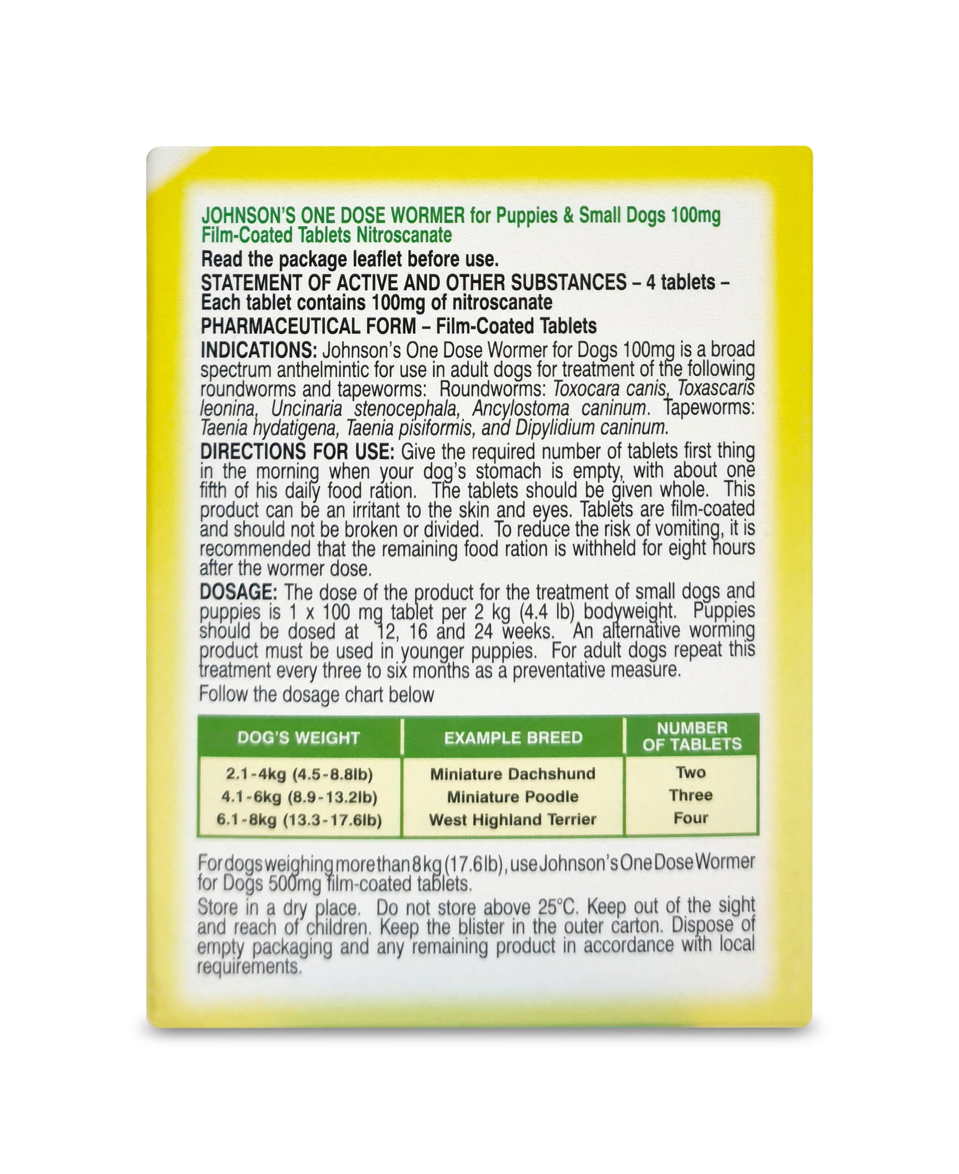 Back of a Johnson's One Dose Wormer packaging for puppies and small dogs with dosage chart.