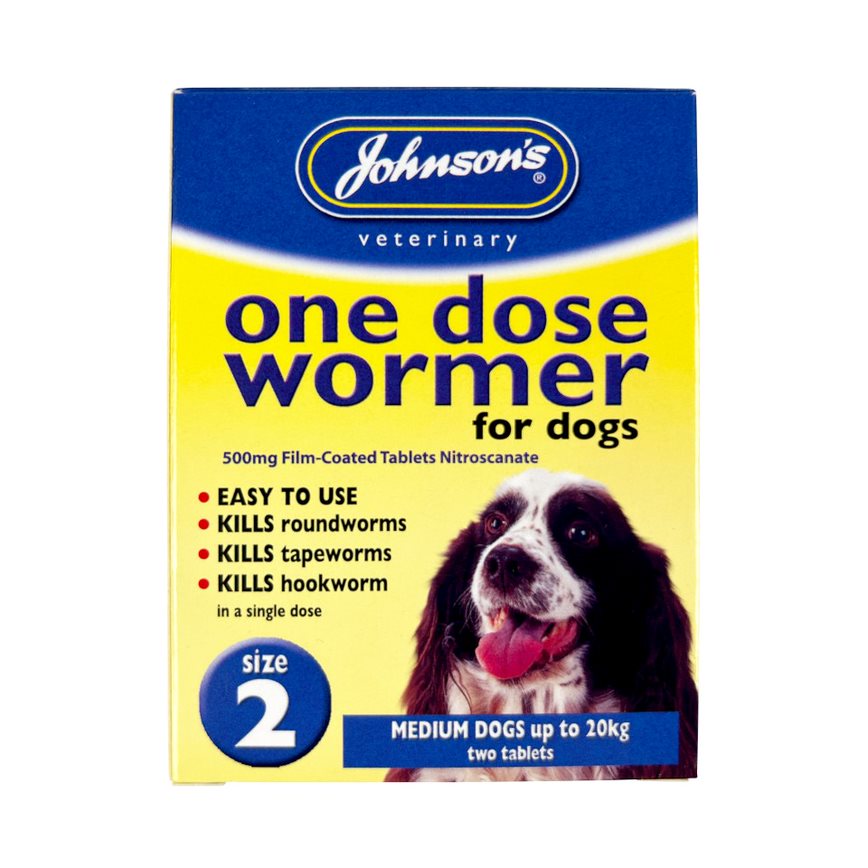 Johnson's Veterinary One Dose Wormer for dogs packaging on a white background