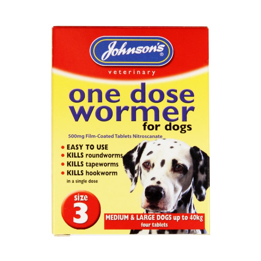Box of Johnson's Veterinary One Dose Wormer for dogs on a white background