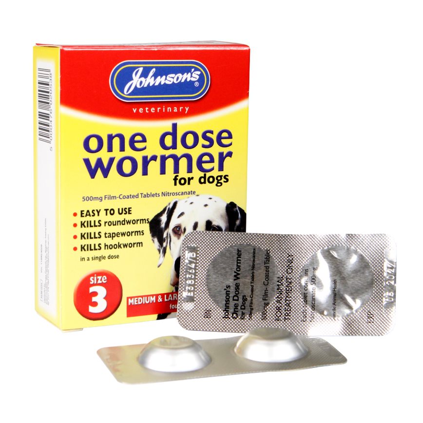 Johnson's Veterinary one dose wormer for dogs packaging with tablets on a white background