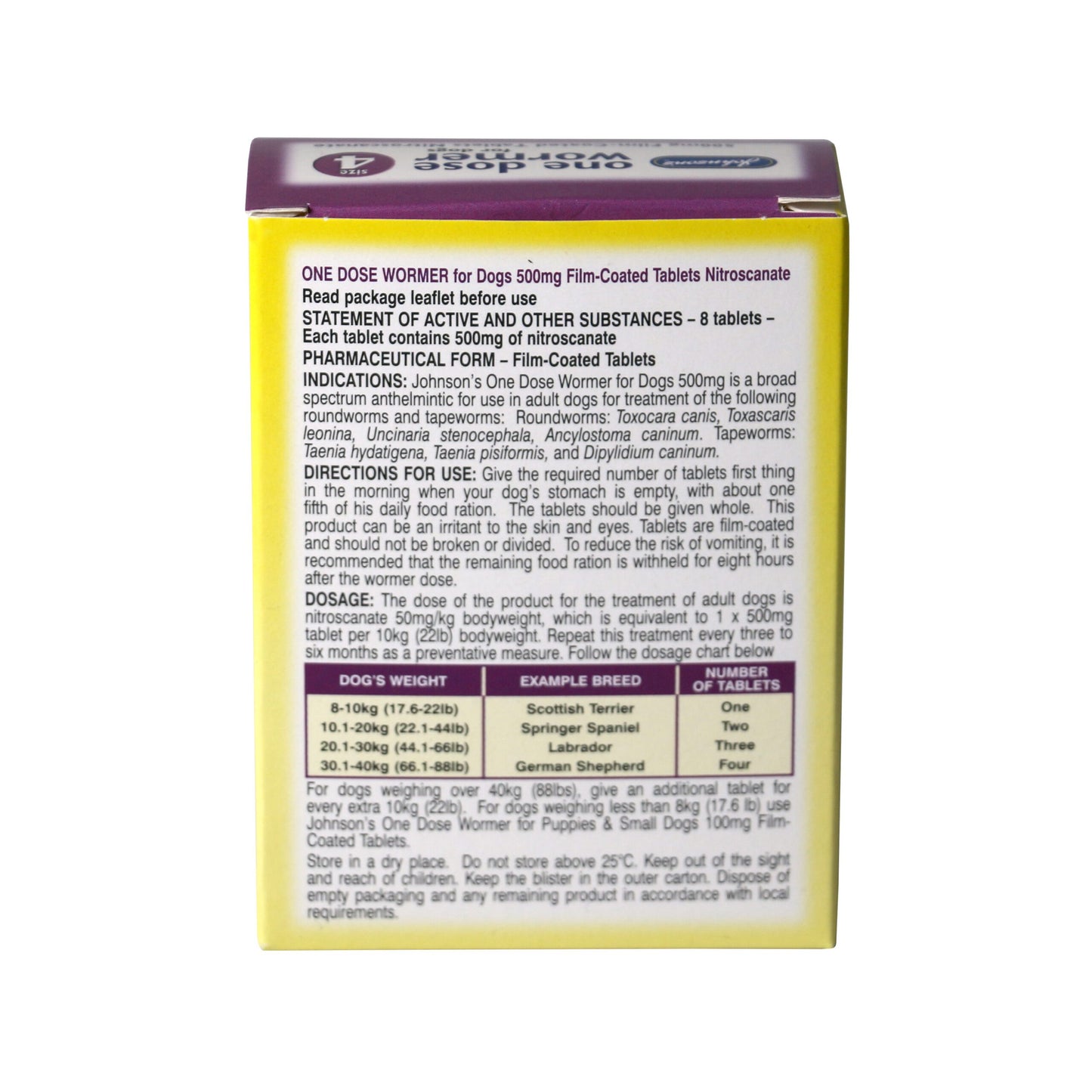 Box of Johnson's One Dose Wormer for Dogs with text and dosage information on a white background