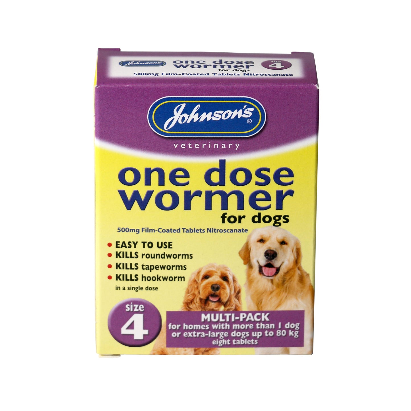 Box of Johnson's Veterinary One Dose Wormer for dogs on a white background