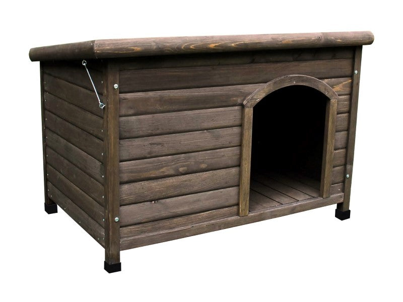 Wooden dog kennel with a door on a white background