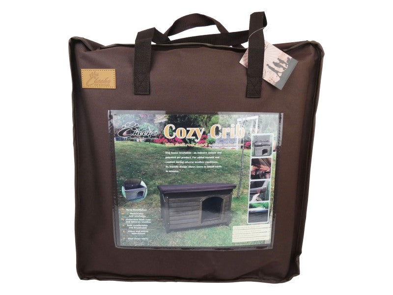 Brown carrying bag with a clear window displaying a Cozy Crib product on a white background