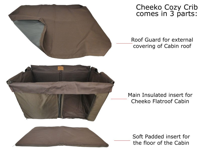 Cheeko Cozy Crib components including roof guard, main insulated insert, and soft padded insert on a white background.