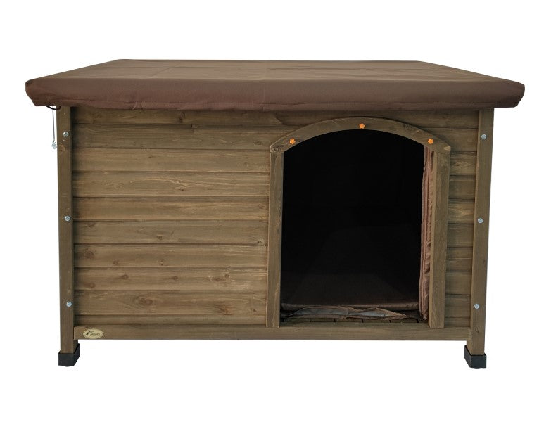 Wooden dog house with a brown roof on a white background