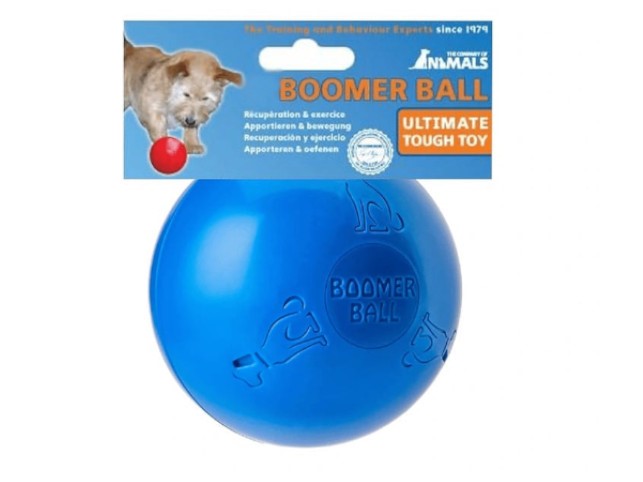 Blue Boomer Ball dog toy with its original retail packaging header card. The packaging features a blue background with a picture of a dog biting a red ball, and text reading 'ANIMALS BOOMER BALL ULTIMATE TOUGH TOY'.