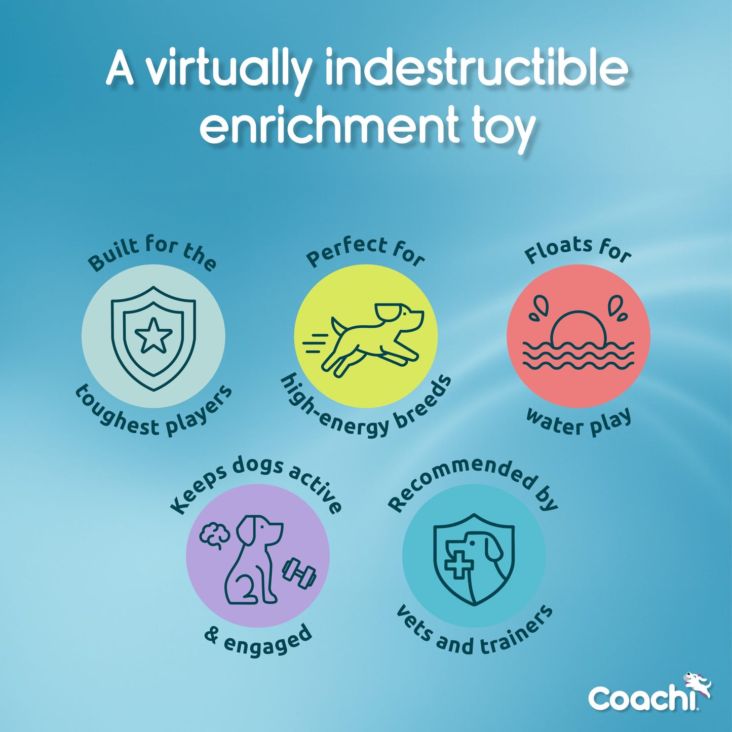 Promotional graphic for a dog enrichment toy on a blue gradient background. White text at the top reads 'A virtually indestructible enrichment toy,' with five colored circular icons below highlighting key benefits: built for tough players, perfect for high-energy breeds, floats for water play, keeps dogs active & engaged, and recommended by vets and trainers.