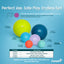 Colorful Boomer Balls with size chart and product details on a blue background