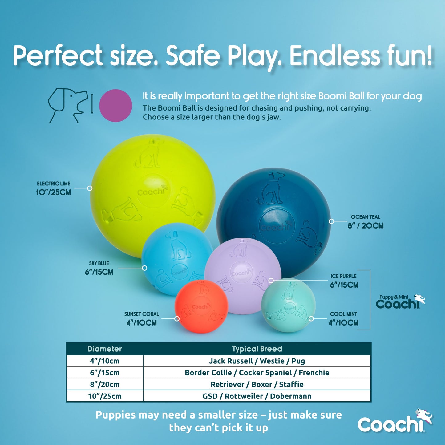 Colorful Boomer Balls with size chart and product details on a blue background