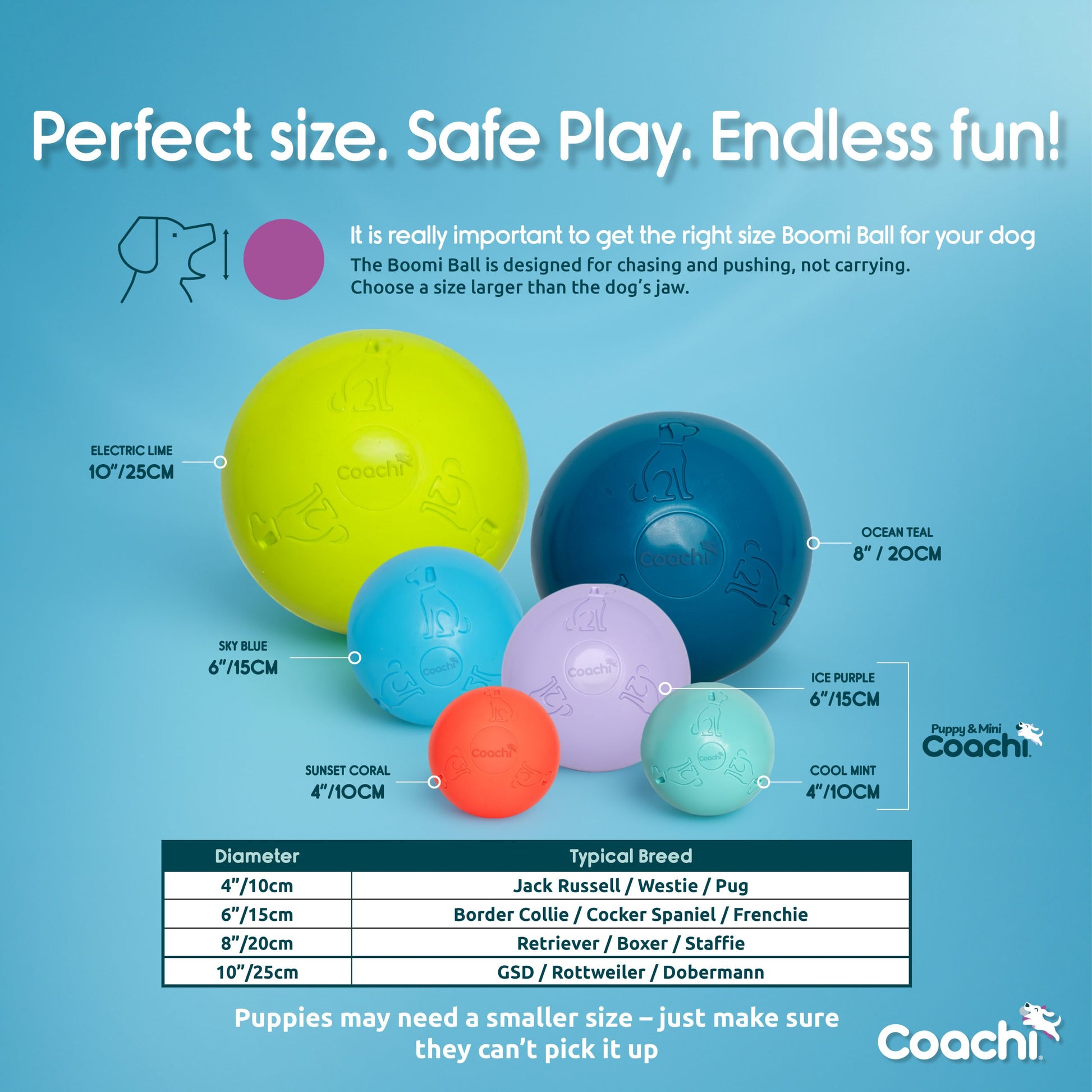 Colorful Boomer Balls with size chart and product details on a blue background