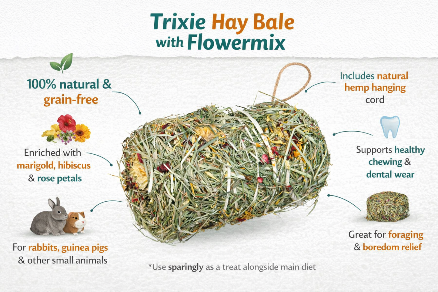 Trixie | Small Pet Forage Treat Hay Bale | With Flowermix | 200g