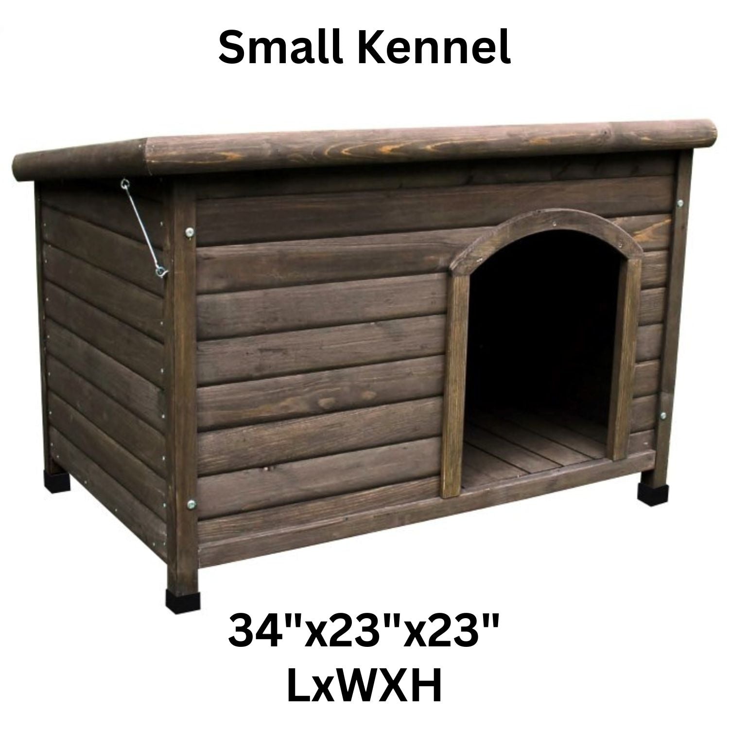 Wooden small dog kennel with dimensions labeled on a white background