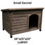 Wooden small dog kennel with dimensions labeled on a white background