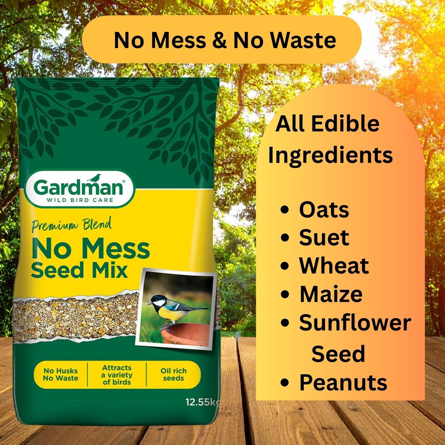 Wild Bird Food Gardman No Mess Seed Mix Husk-Free 2kg, 4kg & 12.55kg