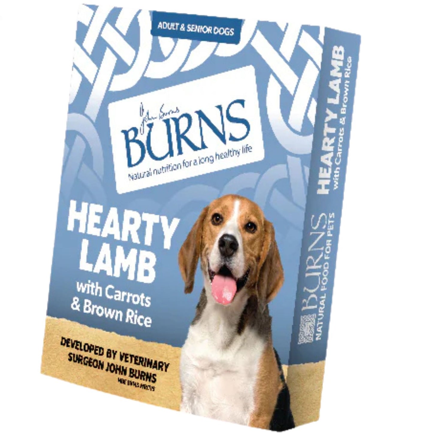 Burns Hearty Lamb dog food package with a dog on the front on a white background