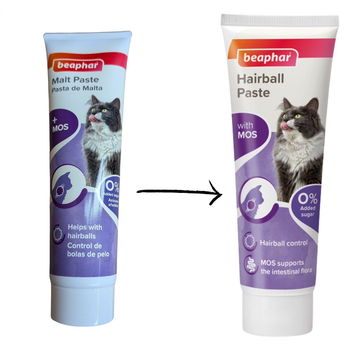 Two tubes of Beaphar cat paste with images of cats on a white background