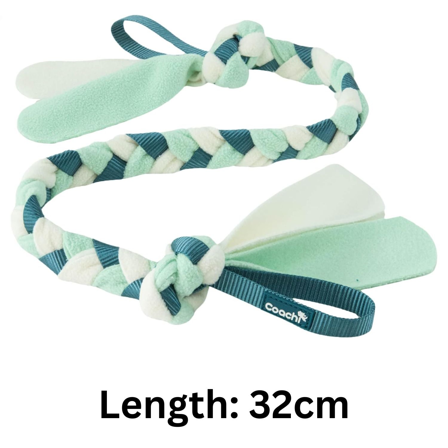 Braided dog toy with a knotted end on a white background, featuring the Coach brand.