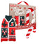 Christmas-themed gift box with festive dog sweater, candy canes, and dog illustrations on a white background.