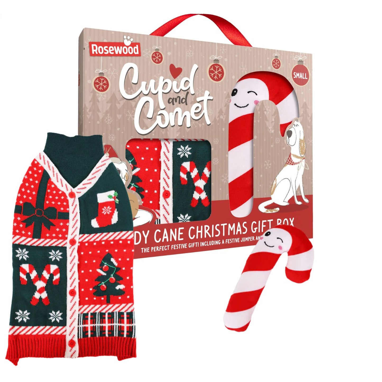 Christmas-themed gift box with festive dog sweater, candy canes, and dog illustrations on a white background.