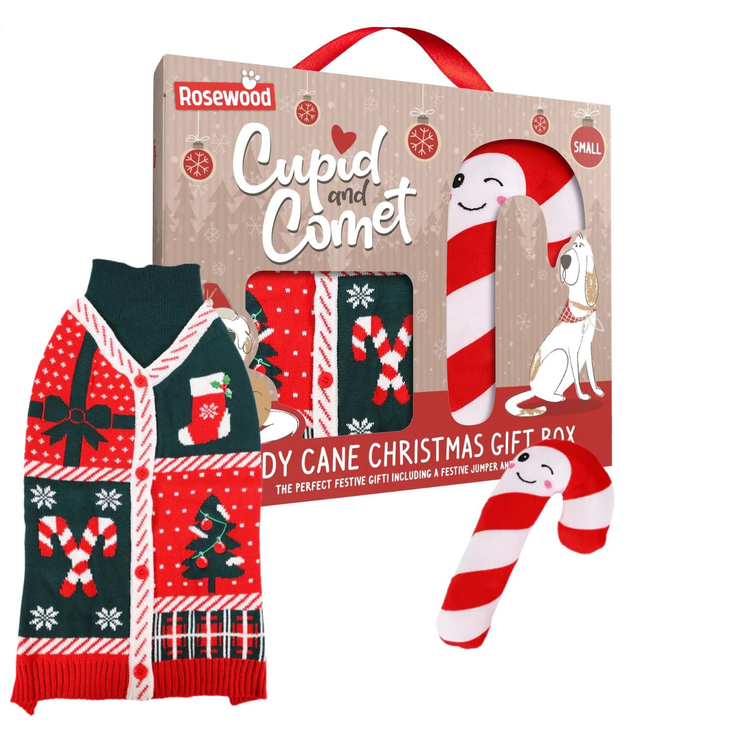 Christmas-themed gift box with festive dog sweater, candy canes, and dog illustrations on a white background.
