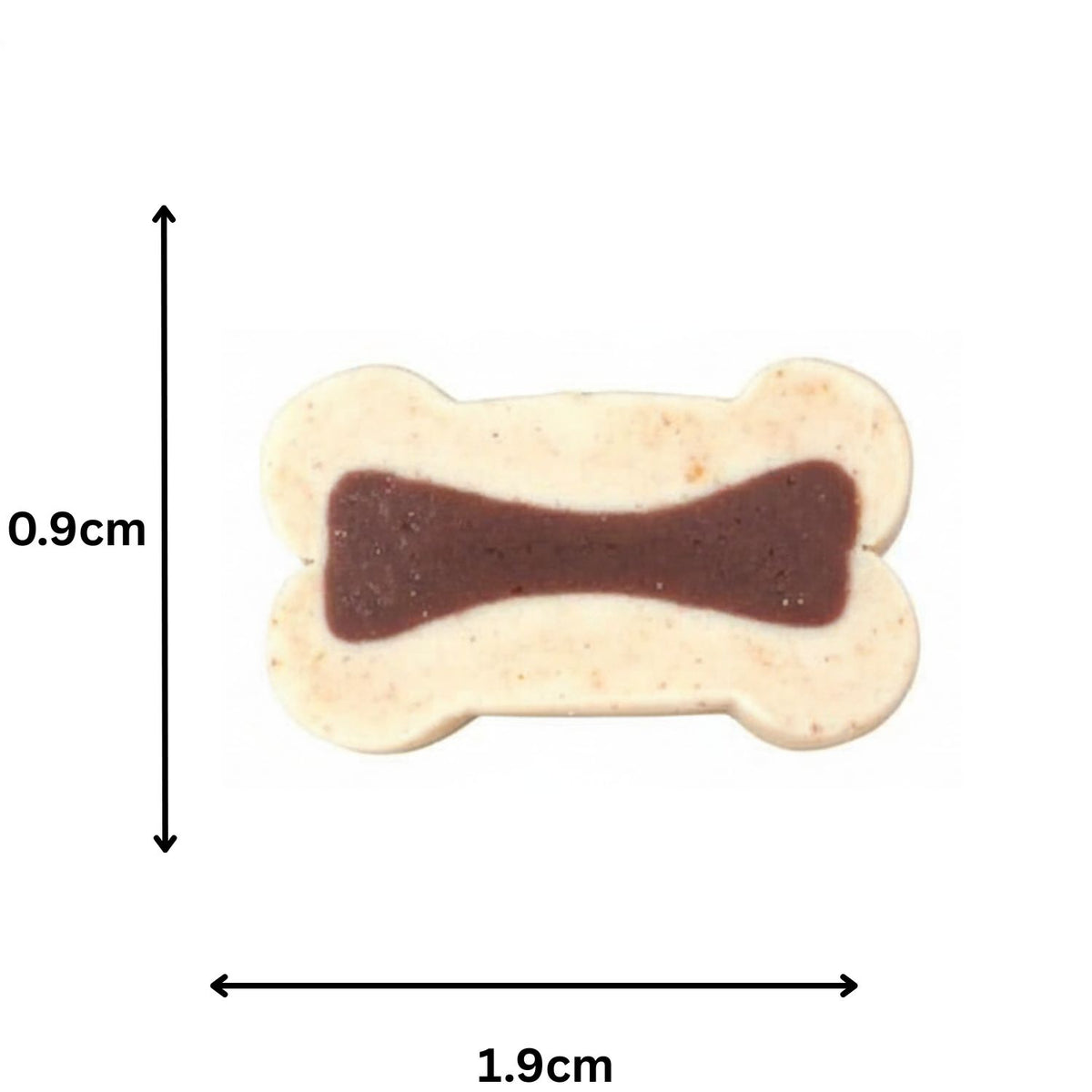 Dog bone-shaped treat with a bow tie design and measurements on a white background