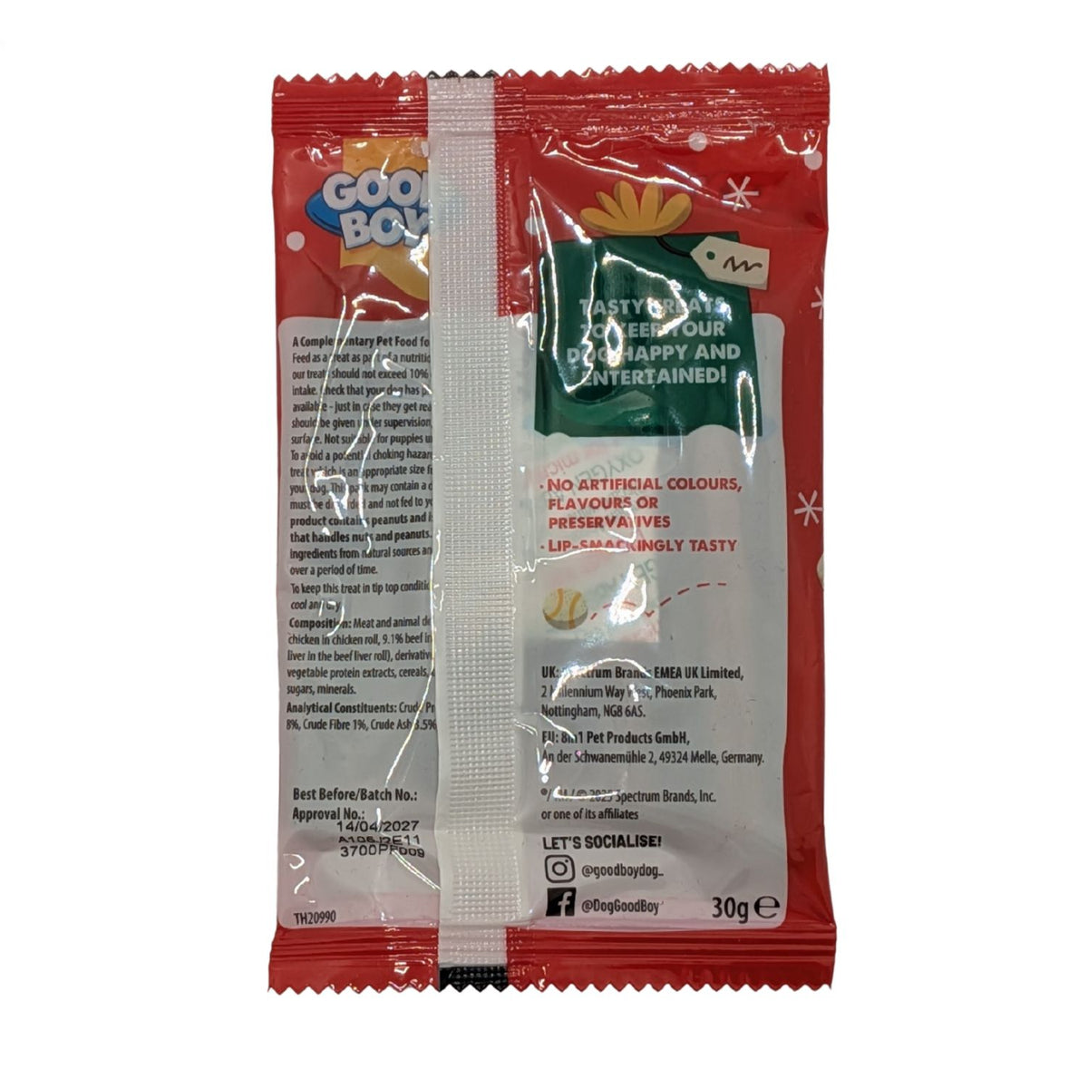 Red pet food packet with visible branding and text on a white background