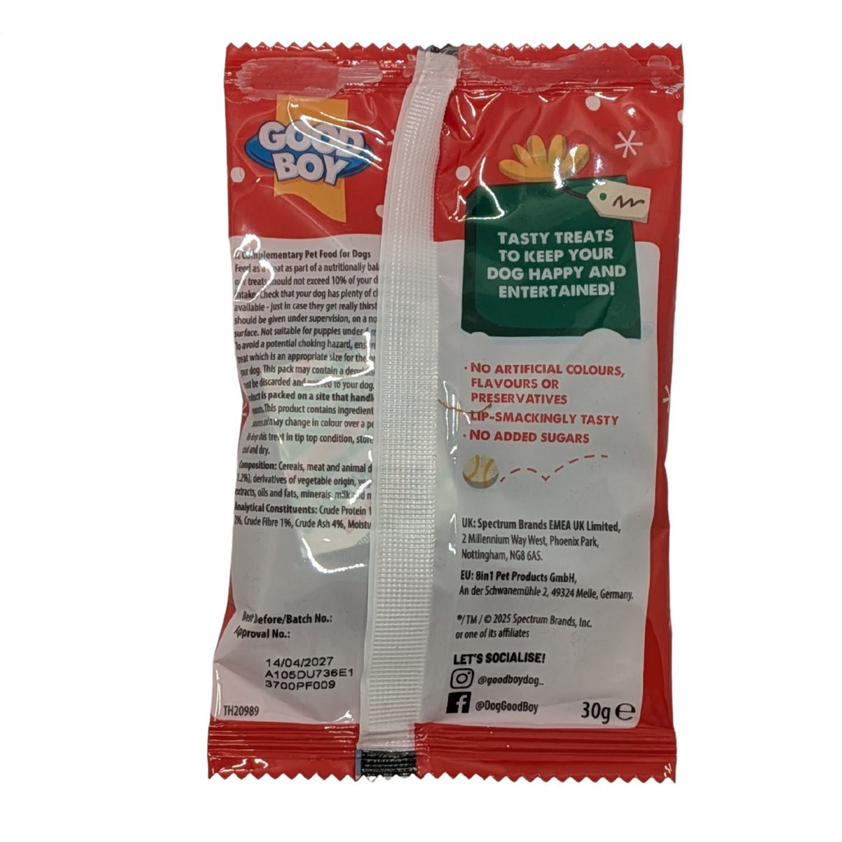 Dog toy packaging with visible branding and product details on a white background