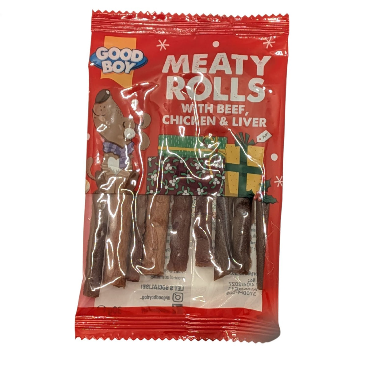 Good Boy Meaty Rolls dog treat package with beef, chicken, and liver ingredients on a white background