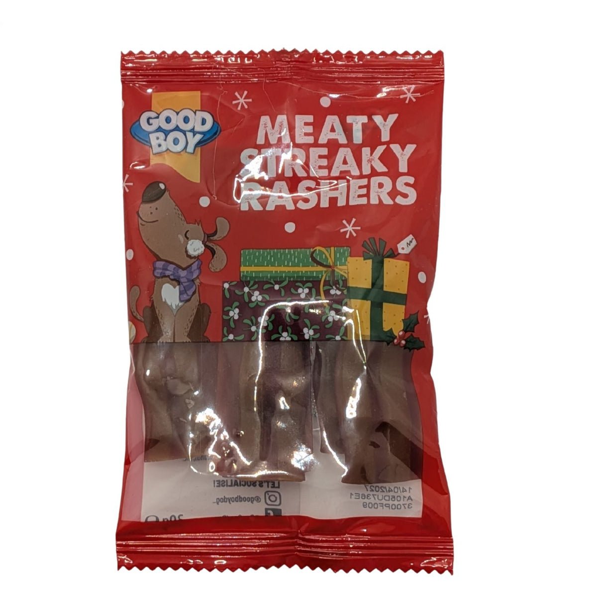Red package of 'Good Boy Meaty Streaky Rashers' dog treats on a white background