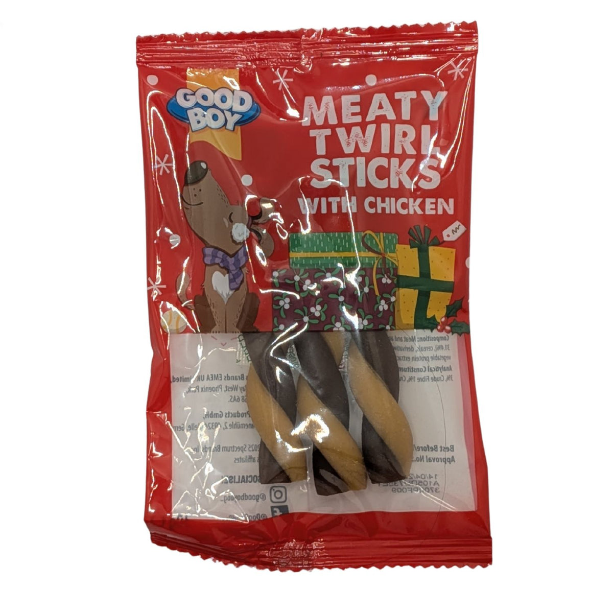 Good Boy Meaty Twirl Sticks with Chicken dog treat package on a white background