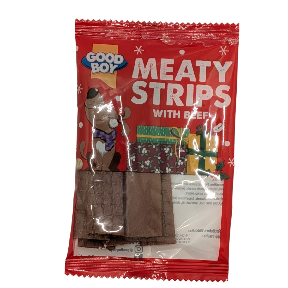 Good Boy Meaty Strips with Beef packaging on a white background