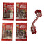 Four packages of Good Boy dog treats and a red and white rope toy on a white background