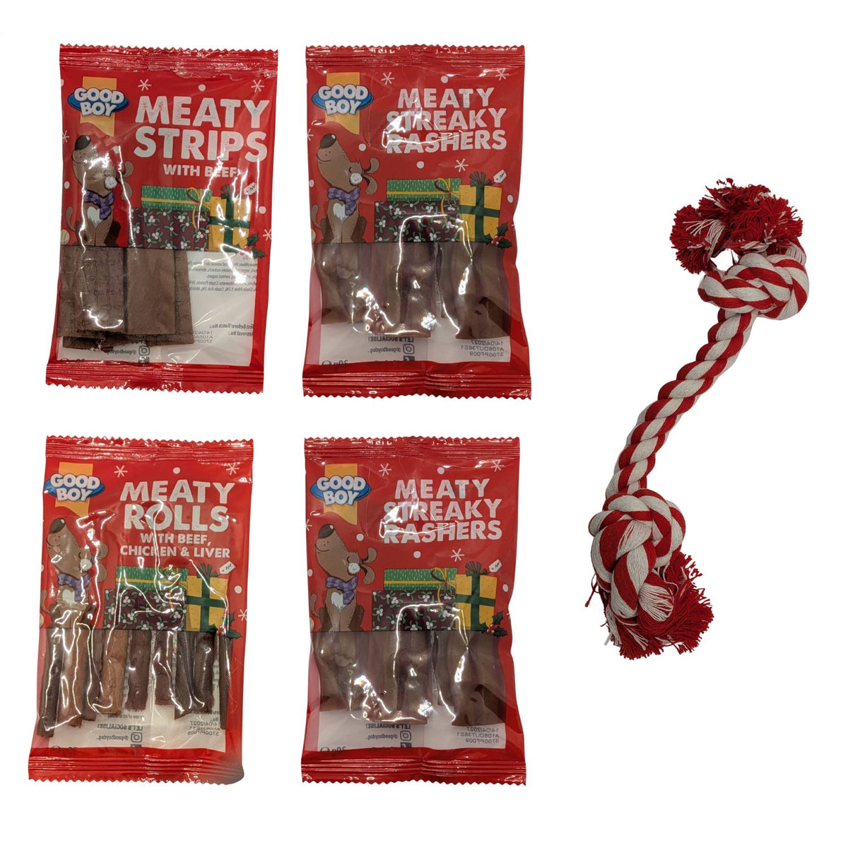 Four packages of Good Boy dog treats and a red and white rope toy on a white background