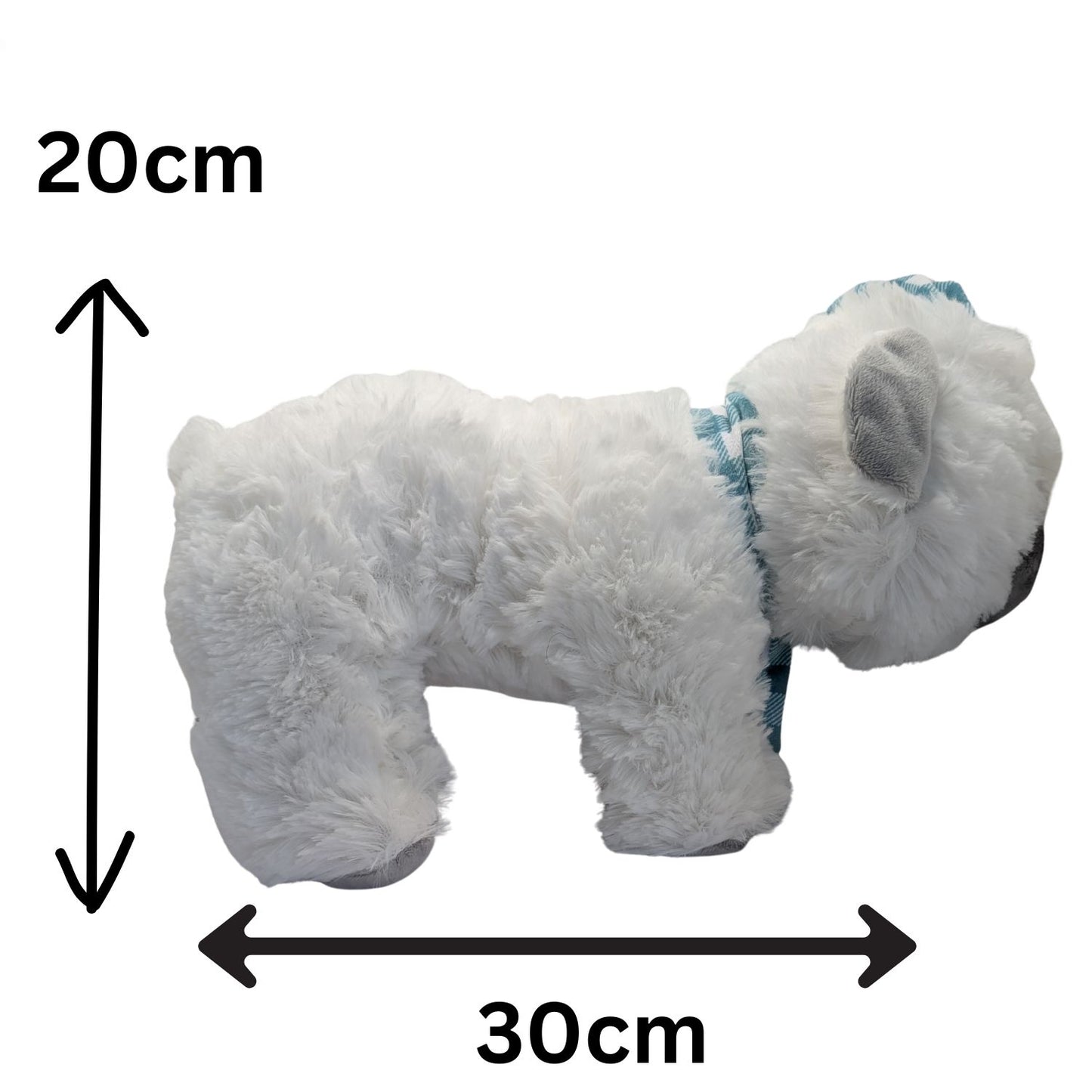 White plush dog toy with blue accents, shown with dimensions on a white background