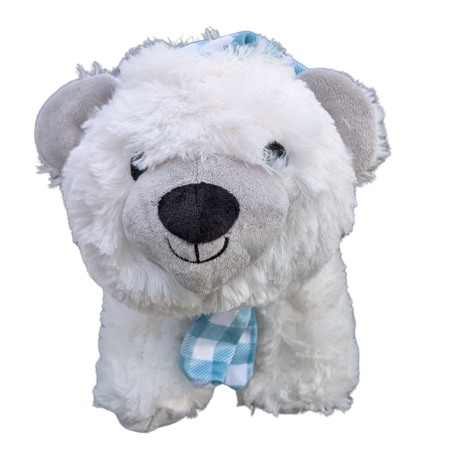 Plush dog toy polar bear with a blue checkered scarf on a white background