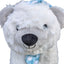Close-up of a plush bear dog toy with a white face, gray ears, and a blue checkered scarf.