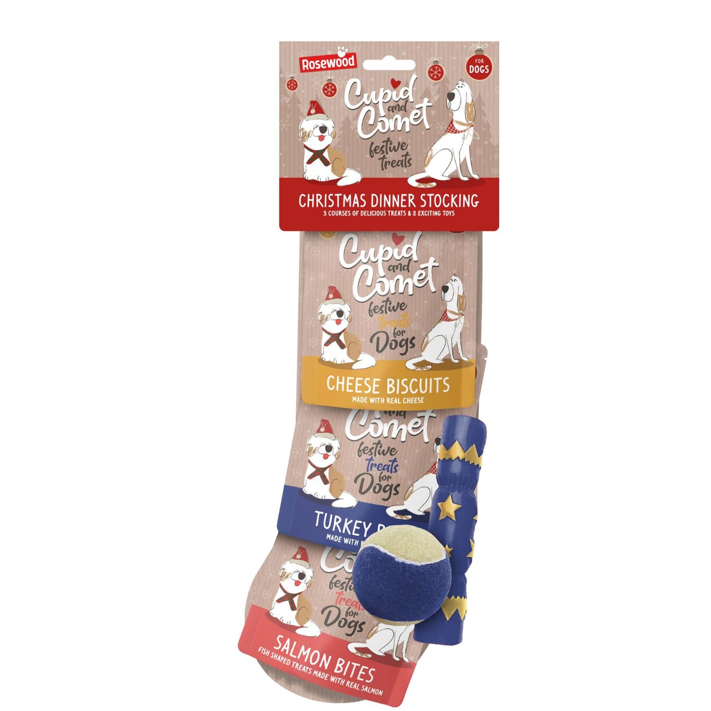 Cupid & Comet Dog Christmas Dinner Stocking – Festive Gift with 3 Treats & 2 Toys