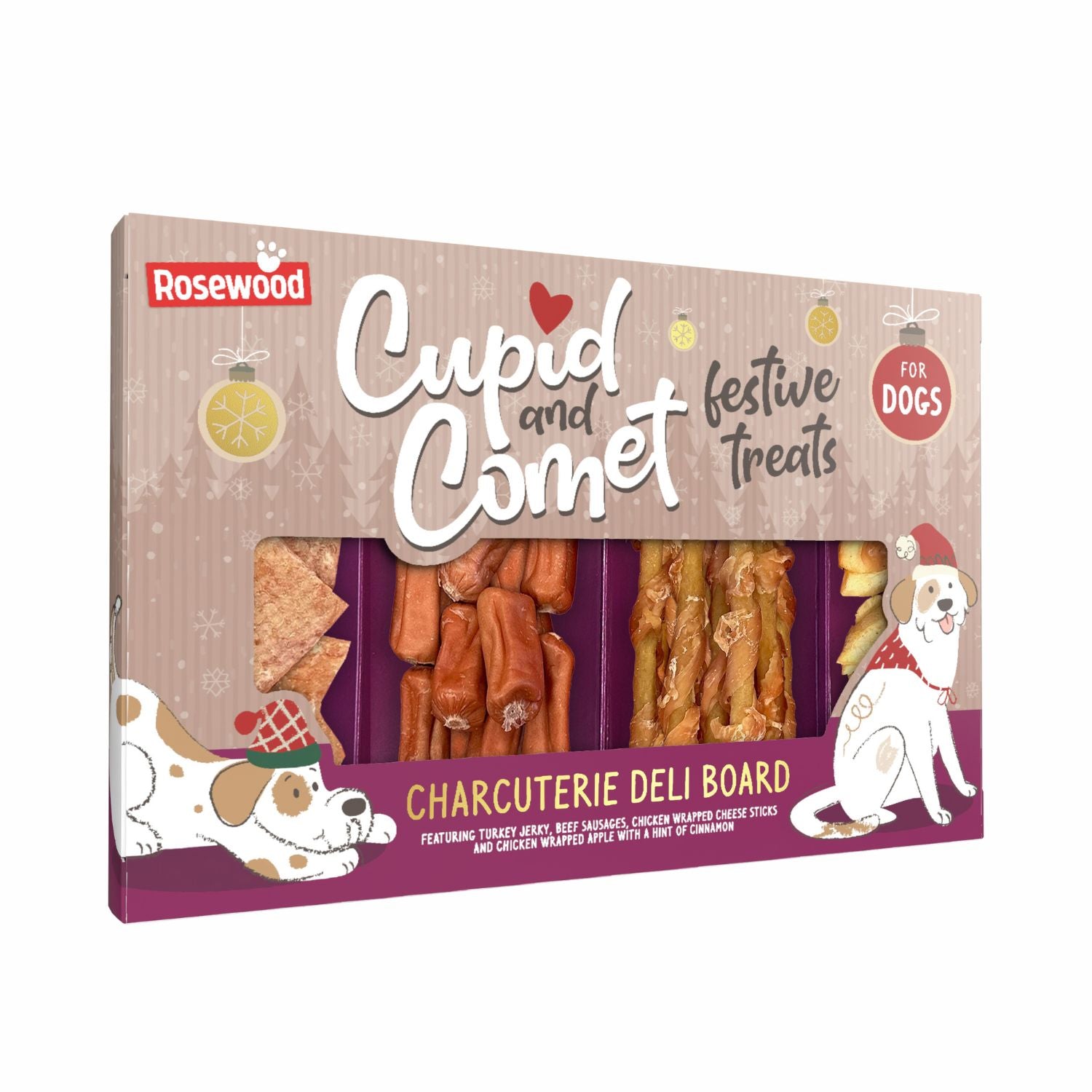Rosewood Cupid and Comet festive treats for dogs packaging on a white background