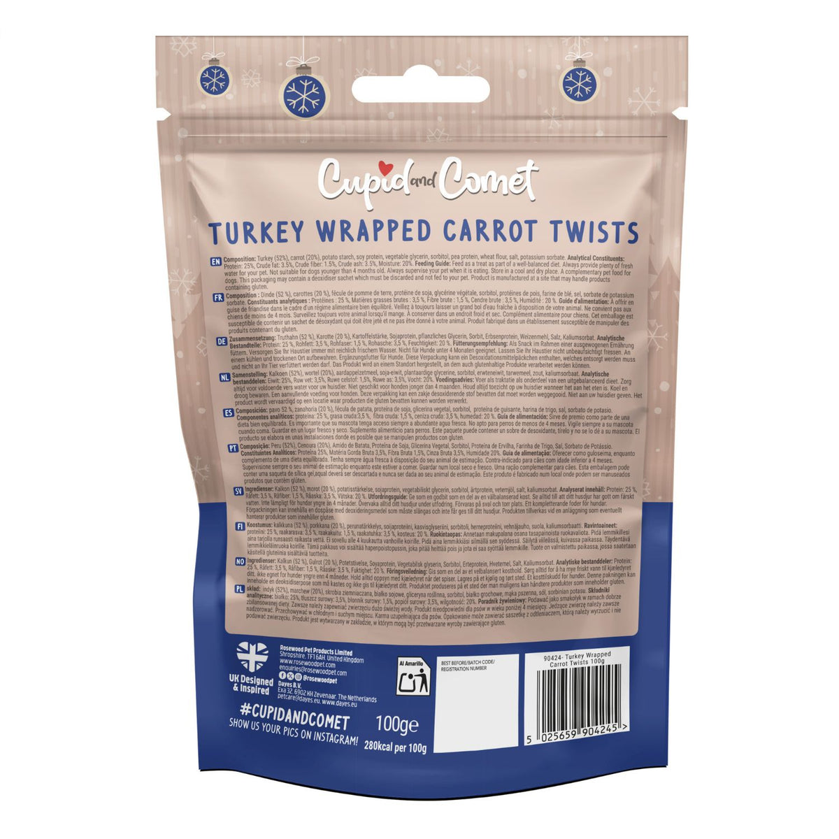 Rosewood Turkey & Carrot Chewy Wraps - 100g Grain-Free Dog Treats