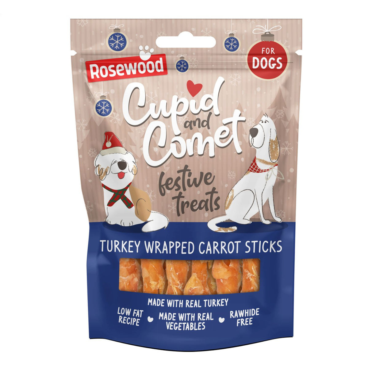 Rosewood Cupid and Comet festive treats packaging for dogs on a white background
