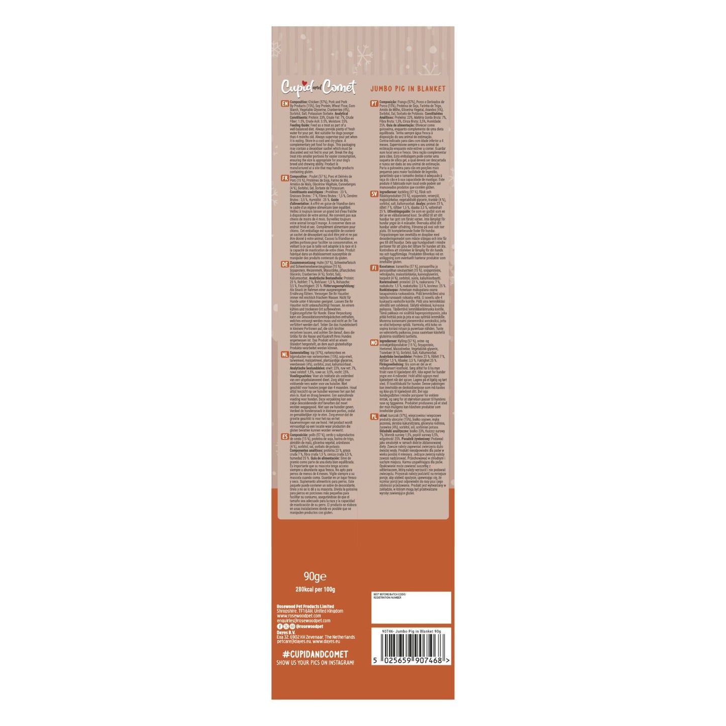 Product packaging with text and branding on a beige and orange background