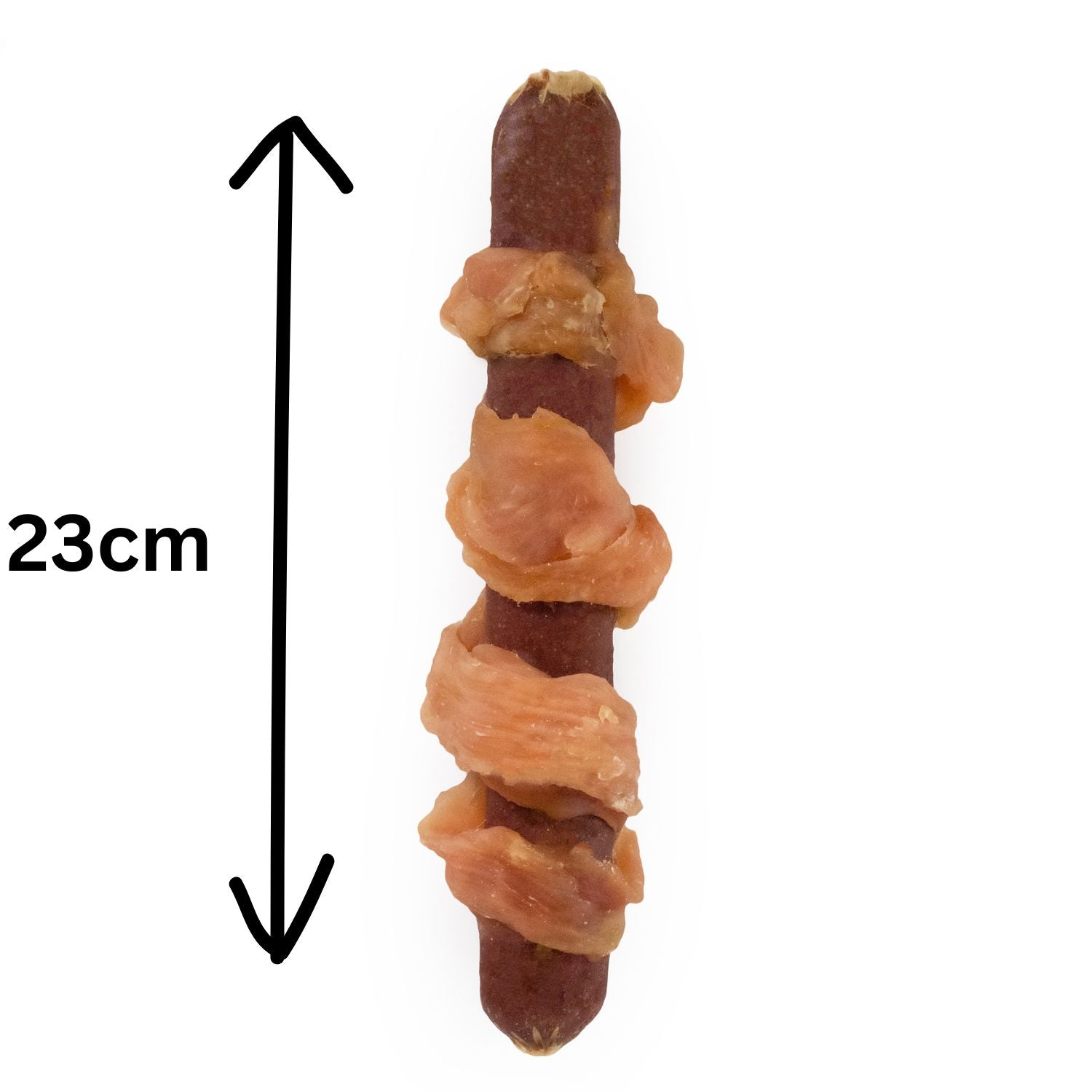Twisted brown and orange stick-like dog treat with measurement label on a white background