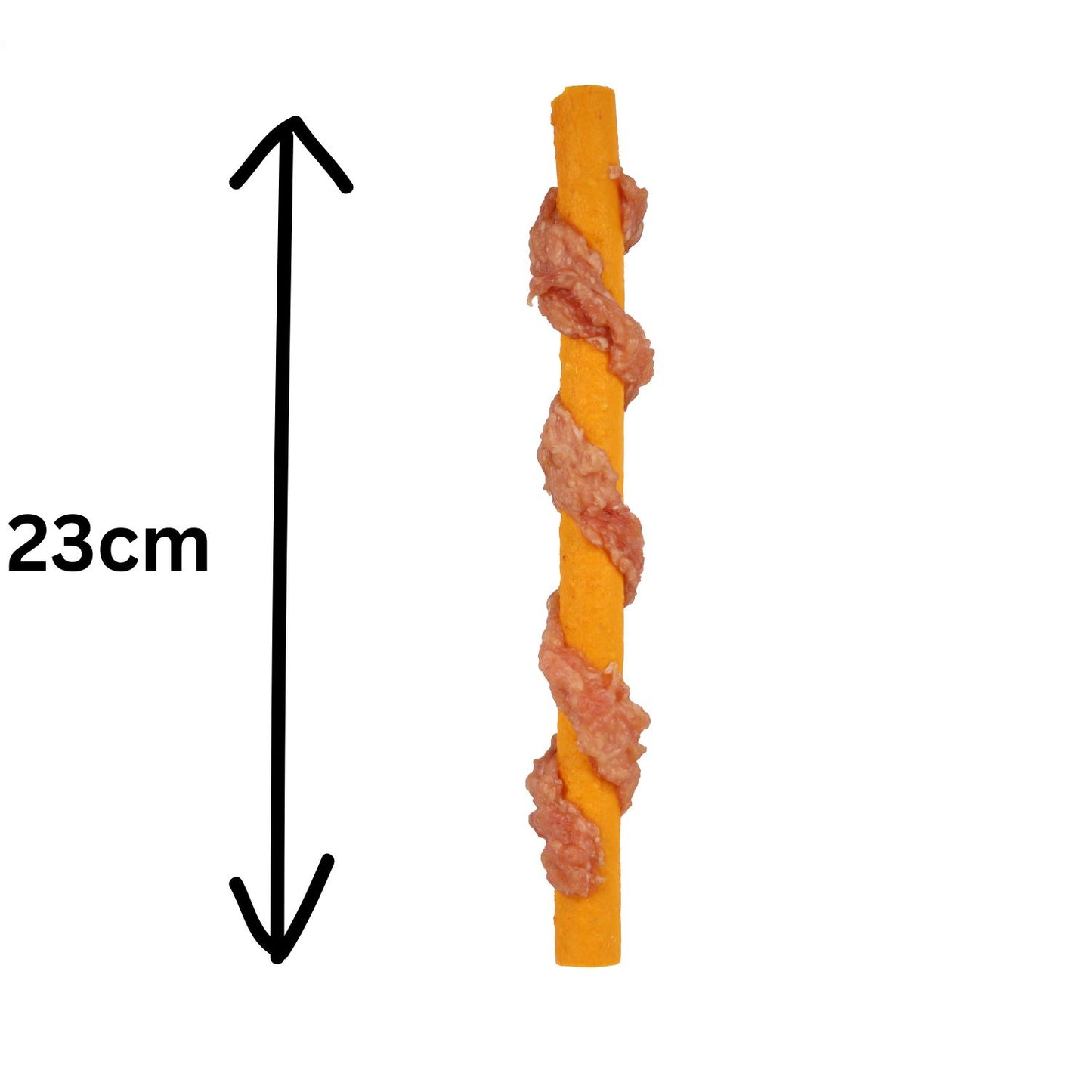 Yellow dog chew  with a black arrow and measurement label on a white background
